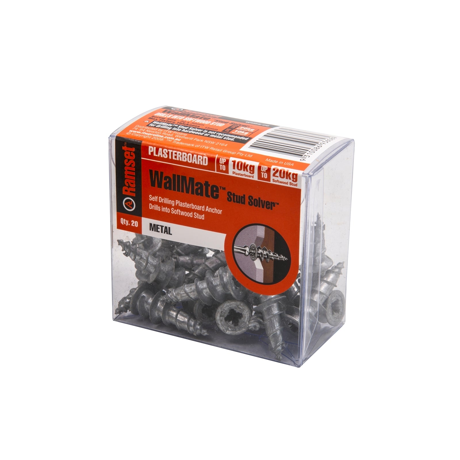 Ramset Wallmate Stud Solver Zinc Alloy Self-Drilling Wall Anchor Grey - 20 Pack