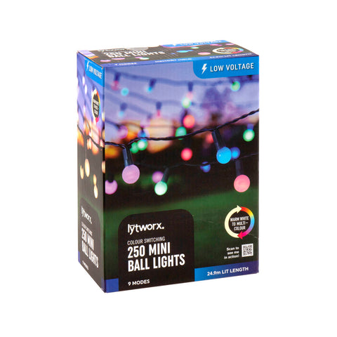Lytworx 24.9m Colour Switch Mini Ball Lights 250 Pack - Warm White & Multicolour, 9 Modes
