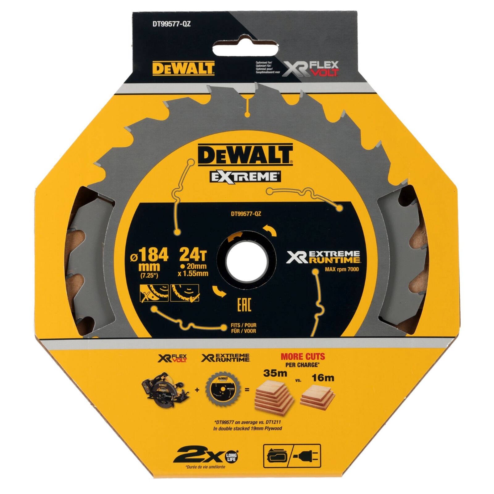 DeWALT 184mm 24T XR Circular Saw Blade for Thick Timber DT99577-QZ