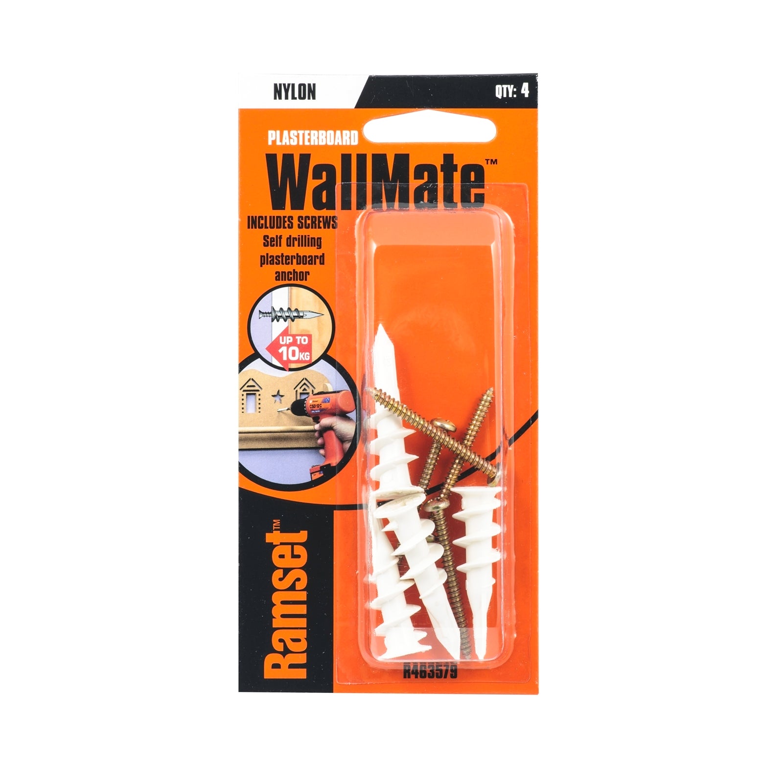 Ramset WallMate Nylon Self-Drilling Plasterboard Anchors - 4 Pack, With Screws