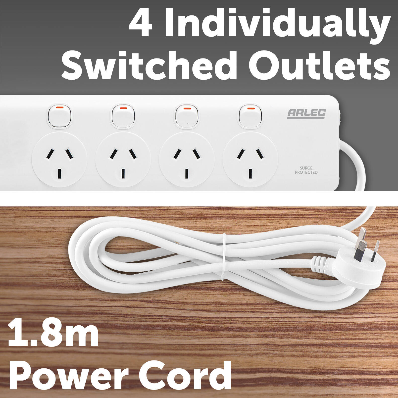 Arlec 4 Outlet Individually Switched Surge Powerboard PD30W USB-A & USB-C 1.8m White