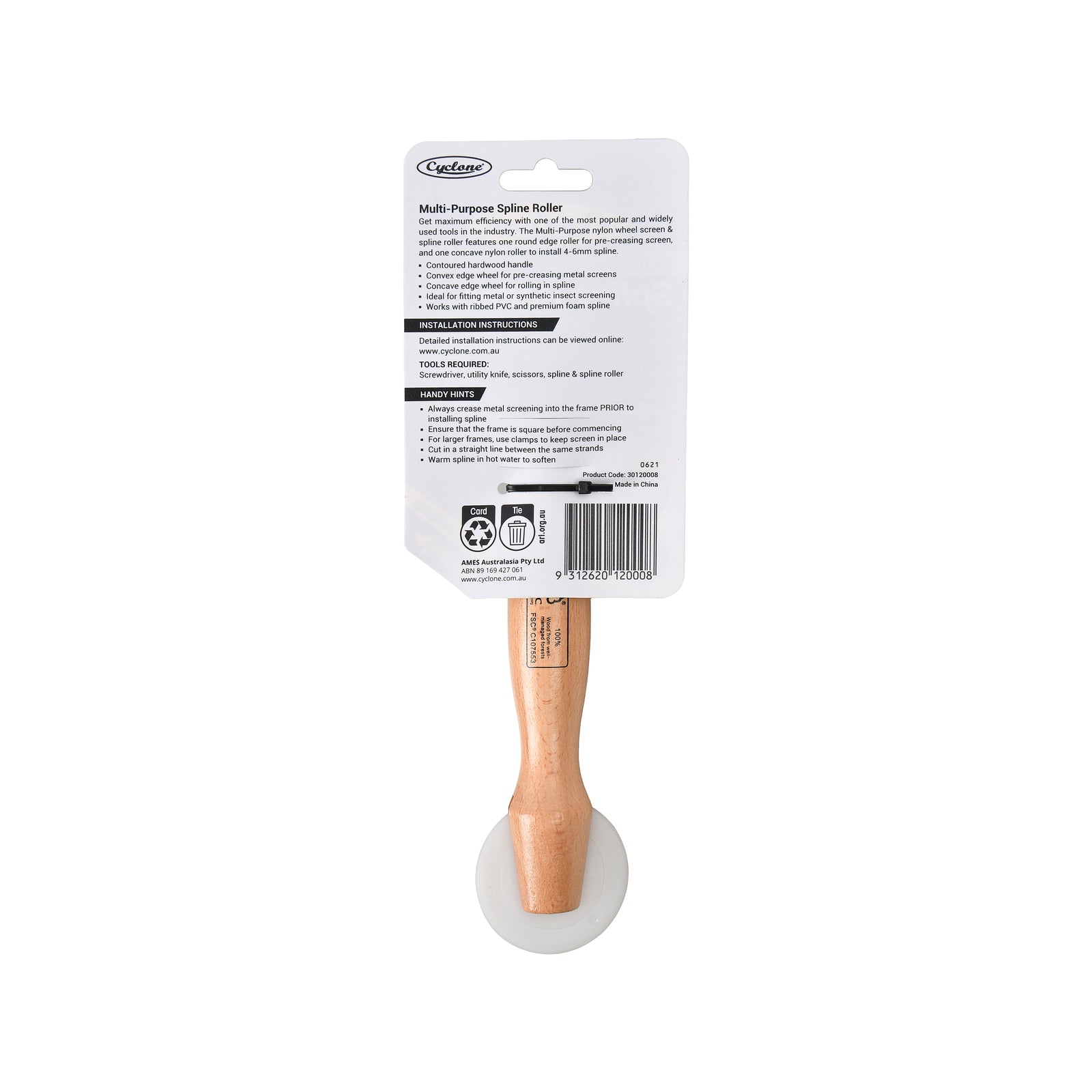 Cyclone Timber Handle Spline Roller for Metal & Synthetic Flyscreens