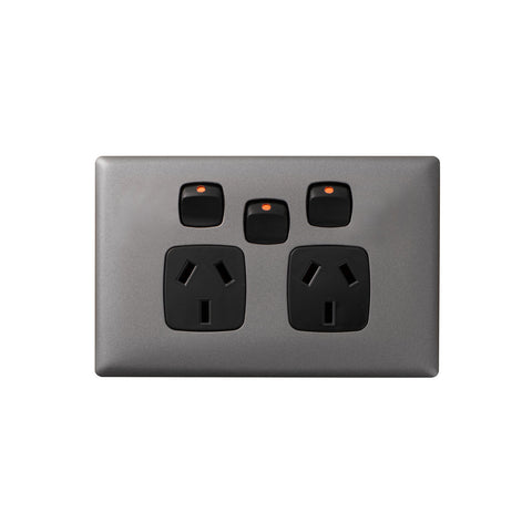 HPM Linea Double Powerpoint With Extra Switch, Gun Metal & Black, 10A, Slim ABS Indoor, CDLN777XBLGL