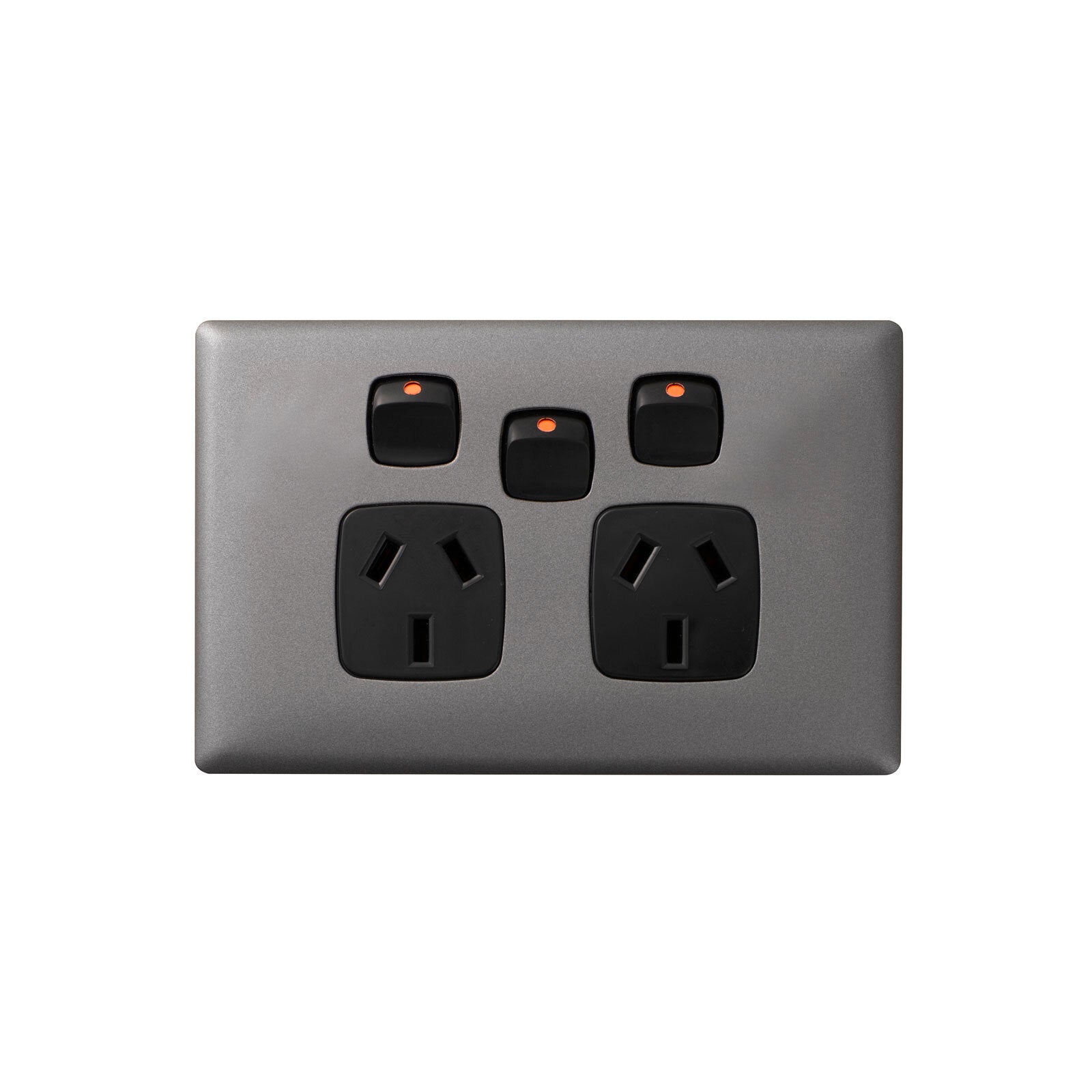 HPM Linea Double Powerpoint With Extra Switch, Gun Metal & Black, 10A, Slim ABS Indoor, CDLN777XBLGL