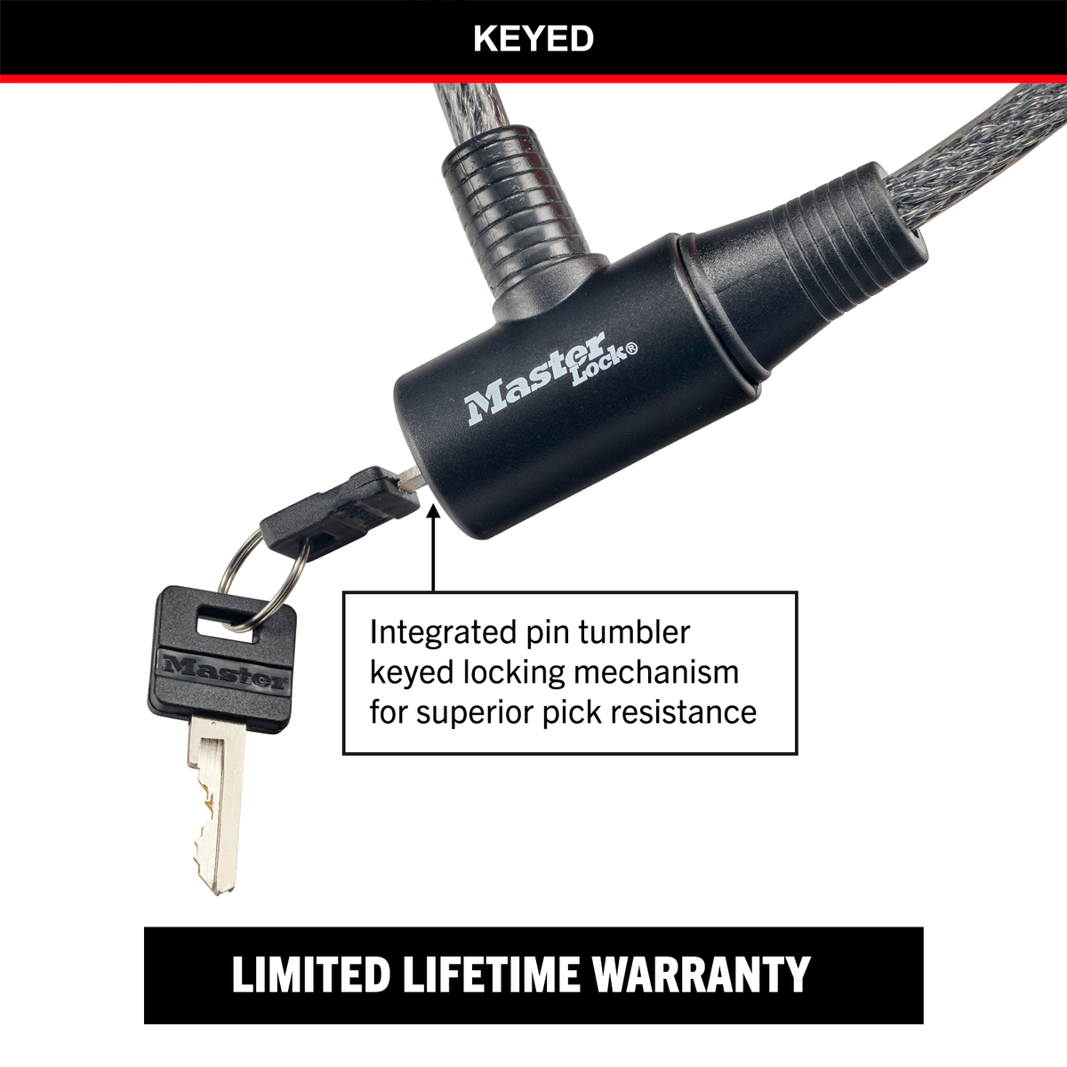 Master Lock 10mm x 1.8m Keyed Cable Lock, Vinyl-Coated Braided Steel