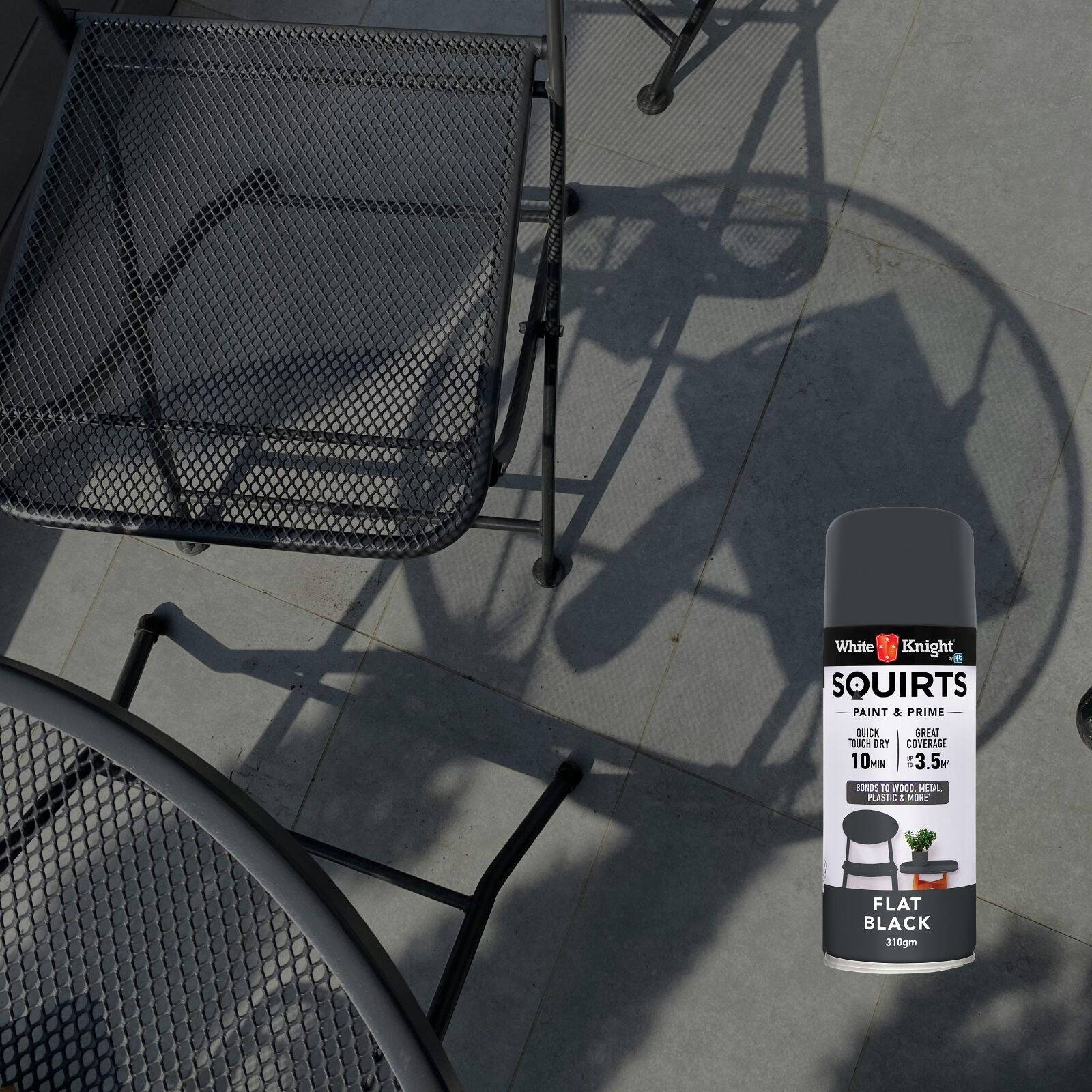 White Knight Squirts Black Flat Spray Paint 310g - Solvent-Based Paint & Primer, Waterproof