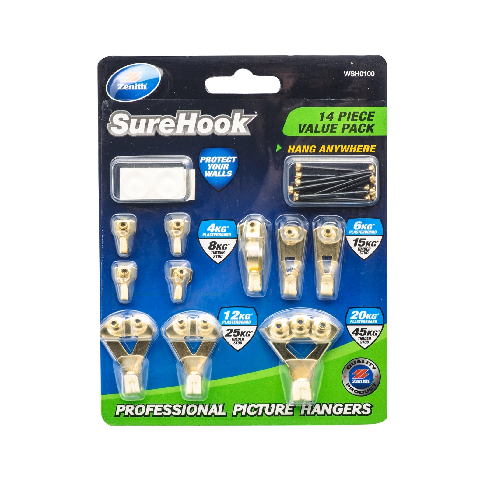 Zenith Brass Plated SureHook Picture Hanger Kit 4-45kg - 14 Piece