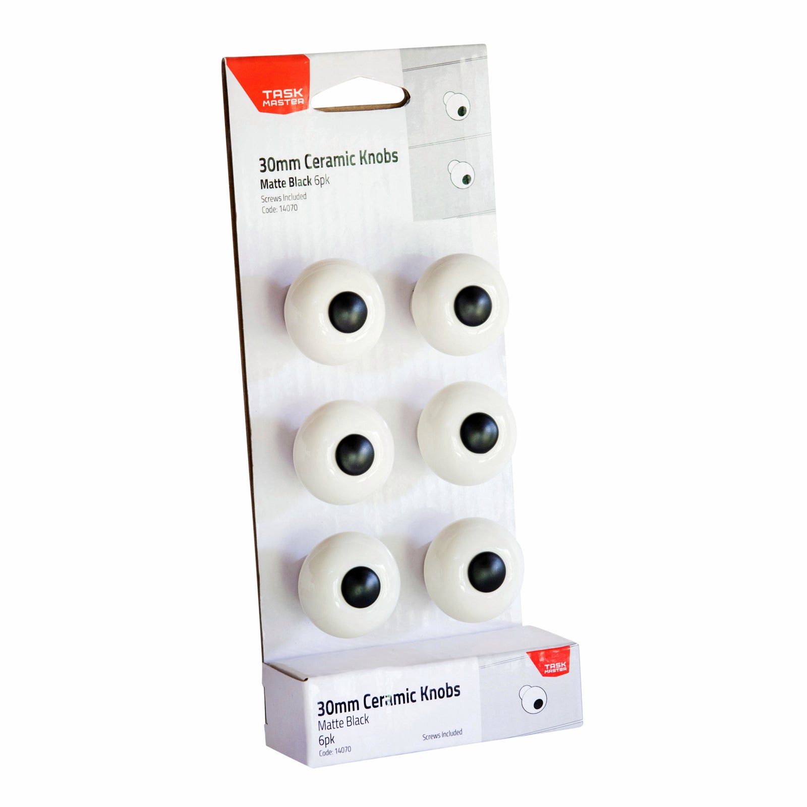 Taskmaster 50mm Ceramic Cabinet Knob 6 Pack Matte Black & White