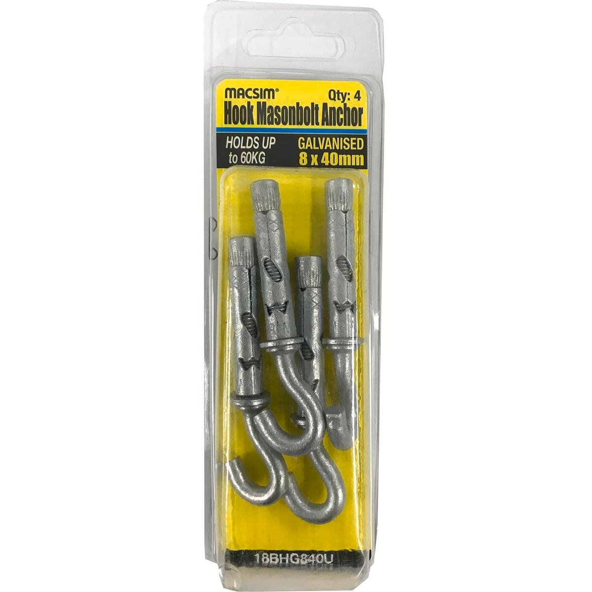 Macsim Masonbolt Hook - 8 x 40mm - 5.8 Grade Steel - Galvanised - 4 Pack - SuperSaverAU - view 1