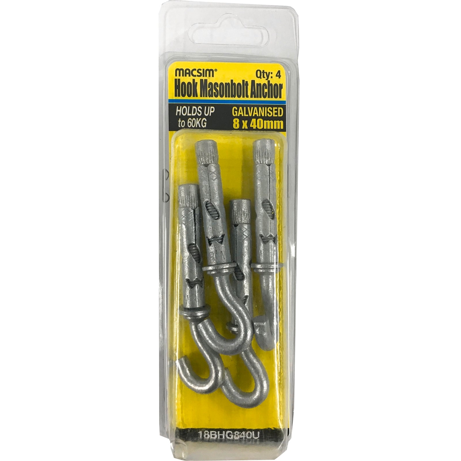 Macsim Fasteners 8 x 40mm Galvanised 5.8 Grade Steel Masonbolt Hook 4 Pack