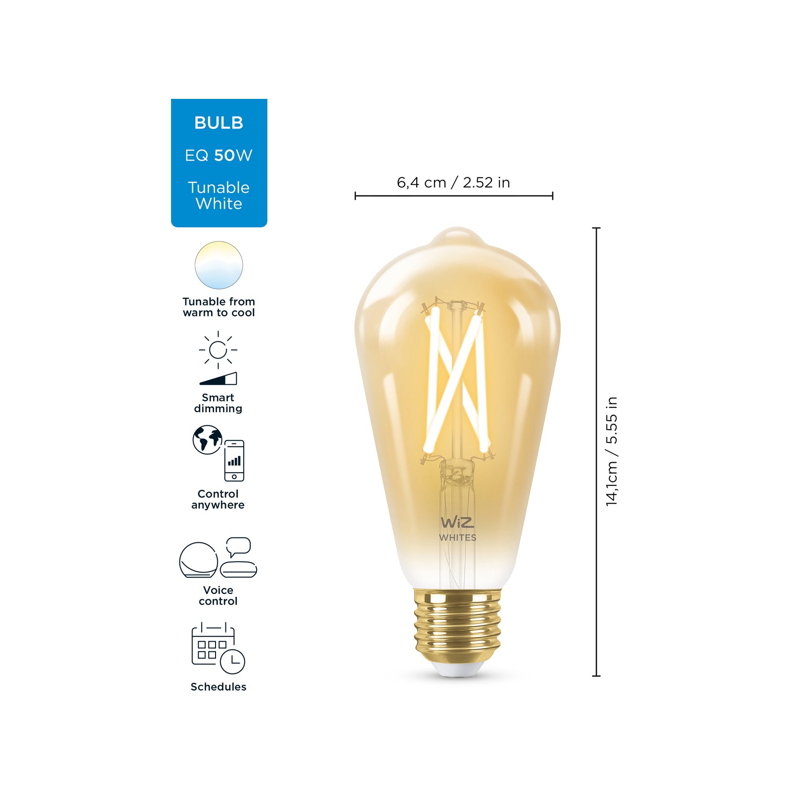WiZ ST64 E27 LED 7W 640lm Tuneable White Smart Filament Globe 929003018701