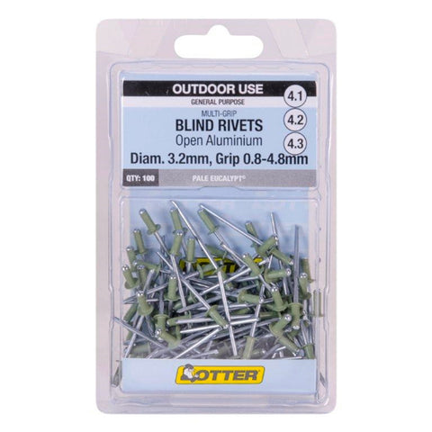 Otter Pale Eucalypt 3.2 x 0.8-4.8mm Multi-Grip Open Aluminium Blind Rivet 100 Pack