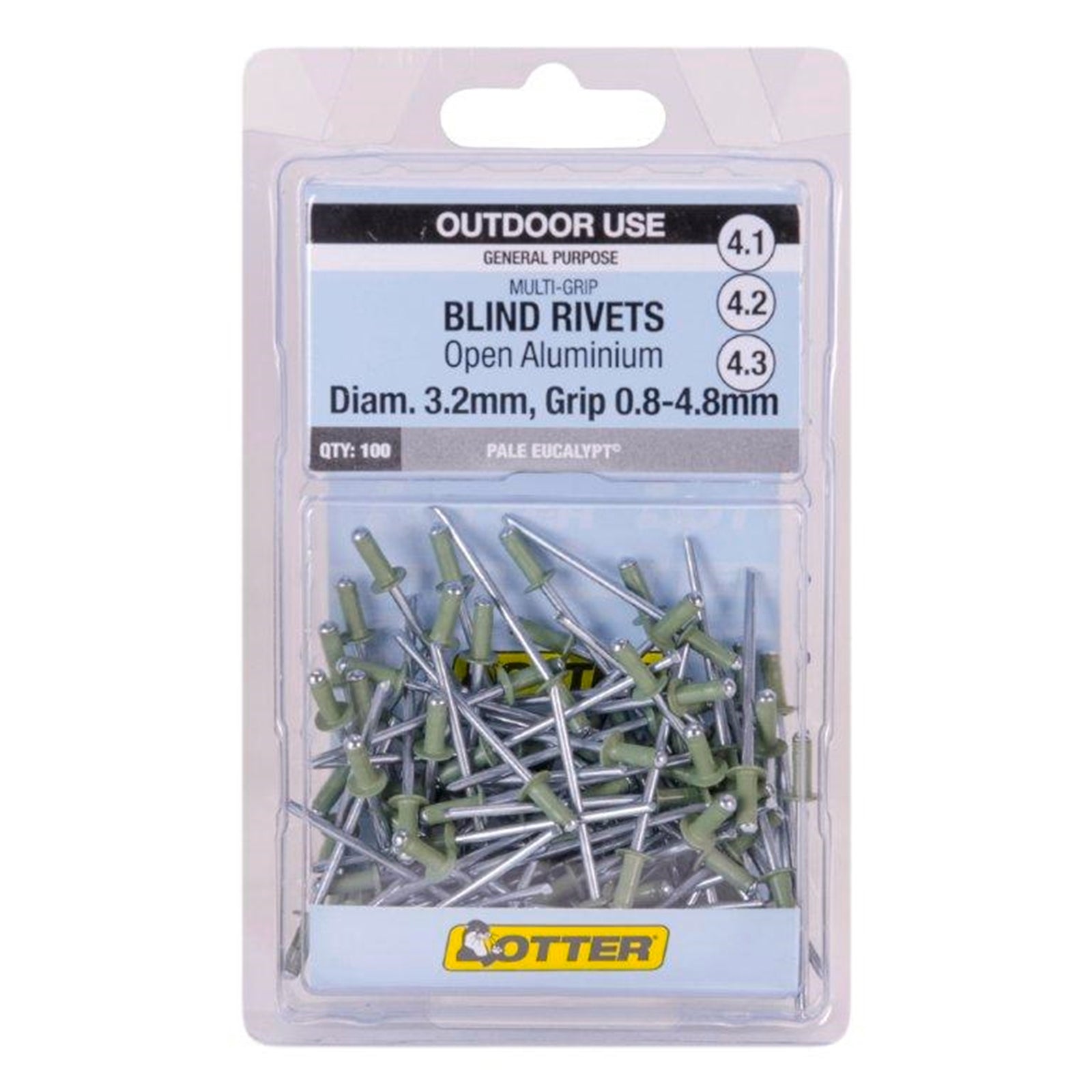 Otter Pale Eucalypt 3.2 x 0.8-4.8mm Multi-Grip Open Aluminium Blind Rivet 100 Pack