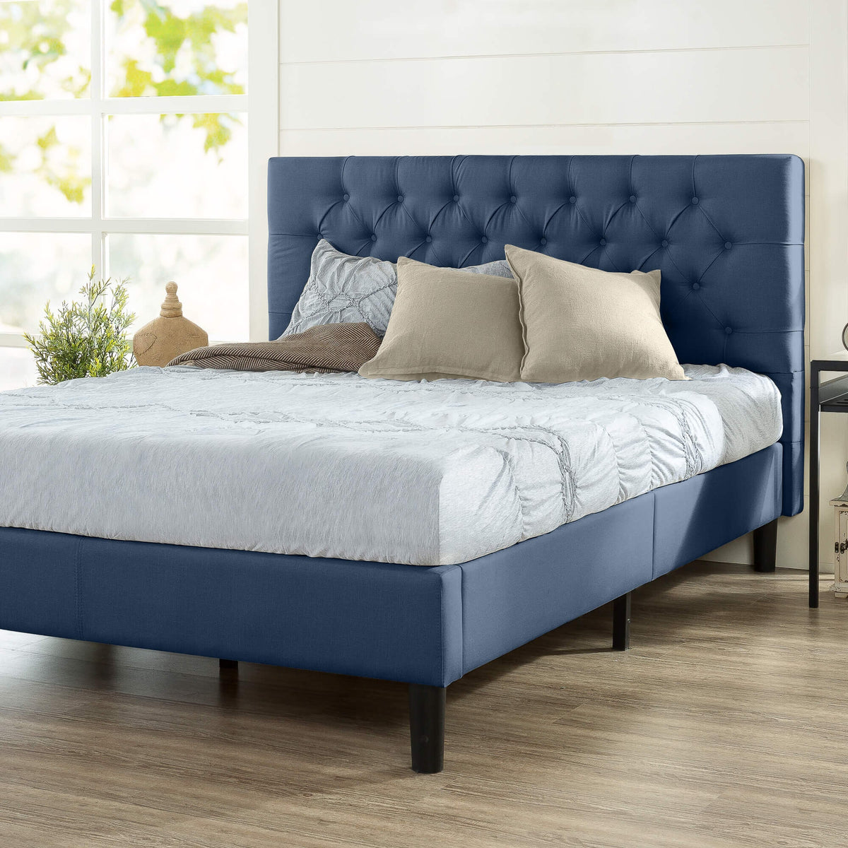 Zinus Harper queen upholstered bed frame - navy blue, tufted headboard, durable support - AU-FTTP-NV-Q