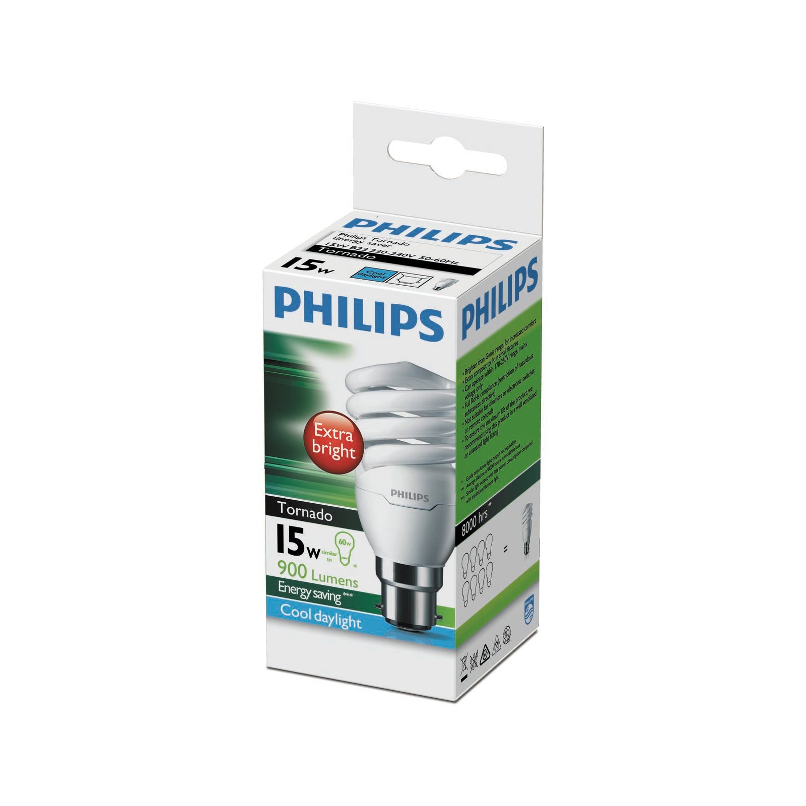 Philips B22 15W Spiral CFL Globe Cool Daylight 6500K 900lm