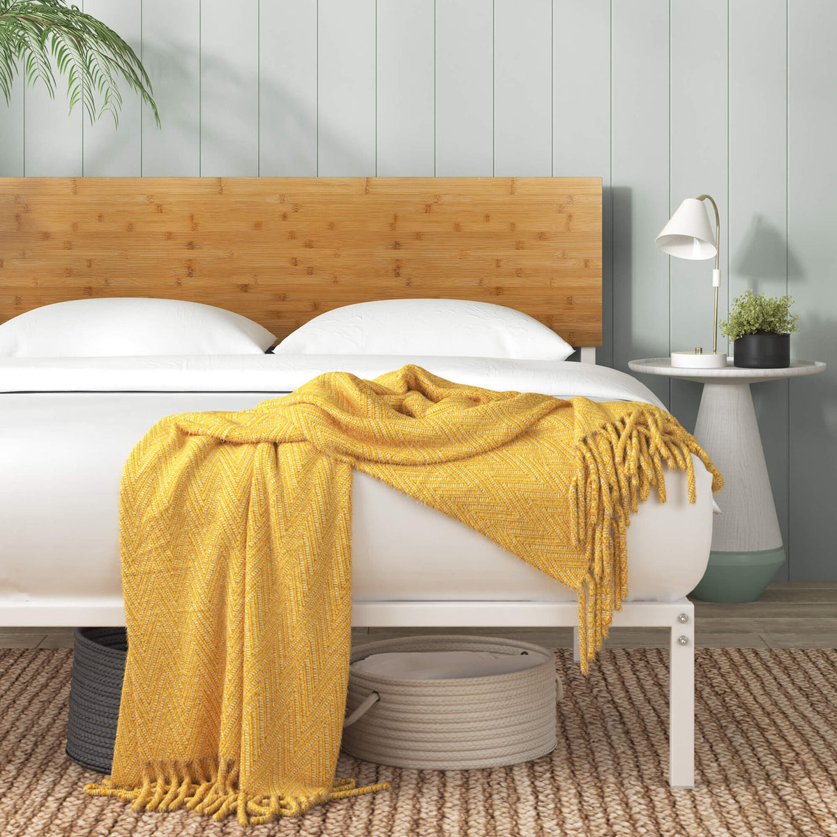 Zinus Figari queen metal and bamboo bed frame - white, adjustable headboard, 250kg capacity - AU-FBOBH2-39Q