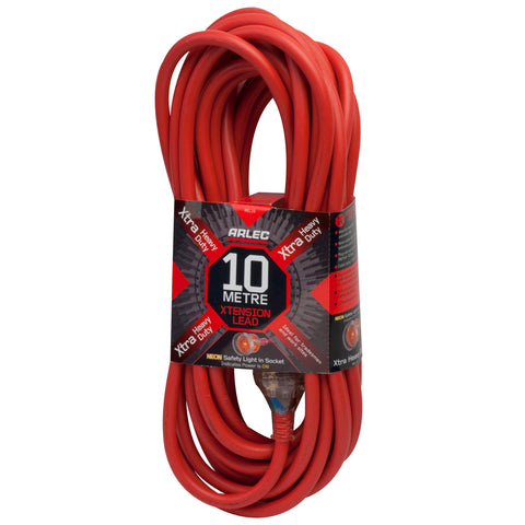 Arlec 10m 1.5mm2 10A 3-Core Extra Heavy Duty Extension Lead - Red, LED Socket