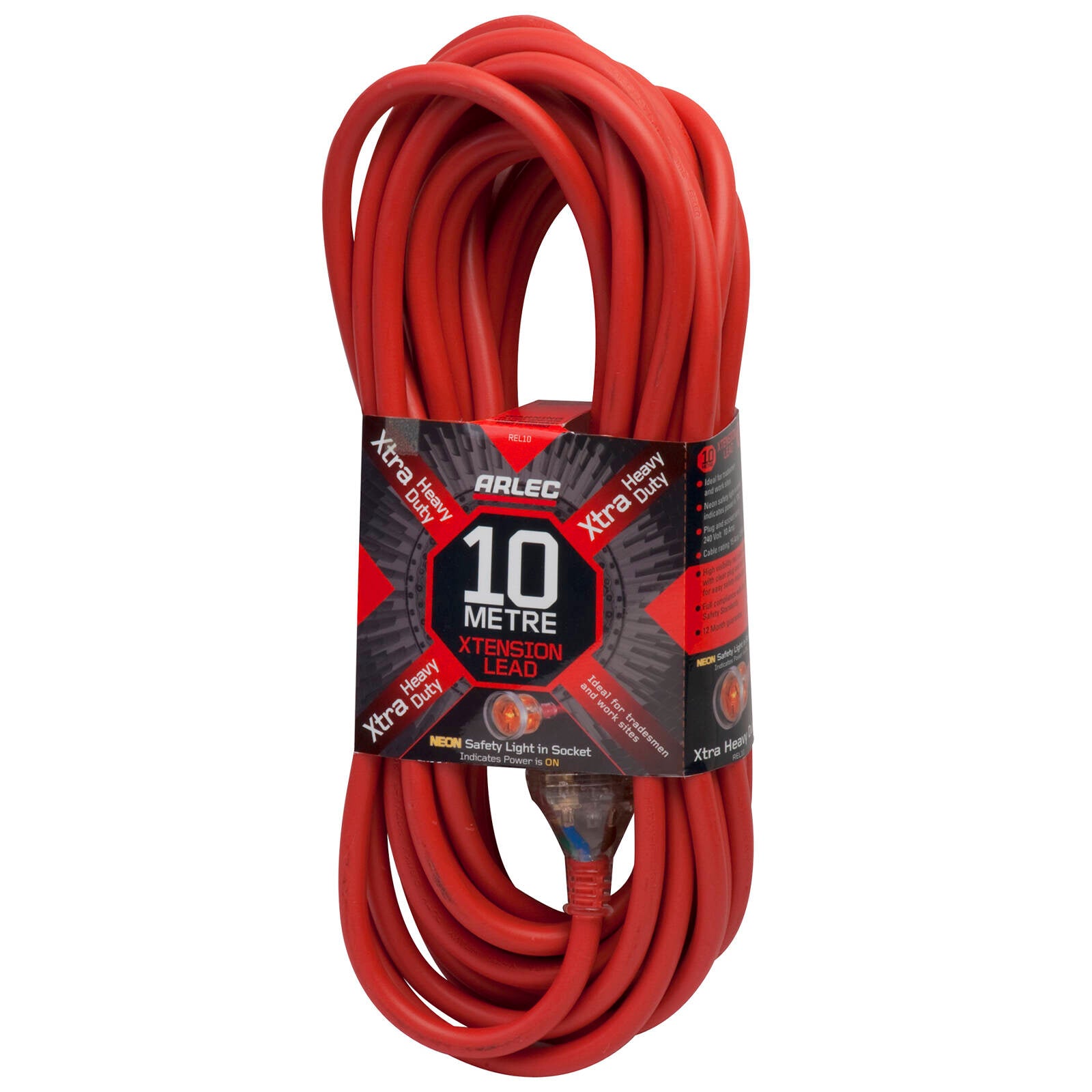 Arlec 10m 1.5mm2 10A 3-Core Extra Heavy Duty Extension Lead - Red, LED Socket