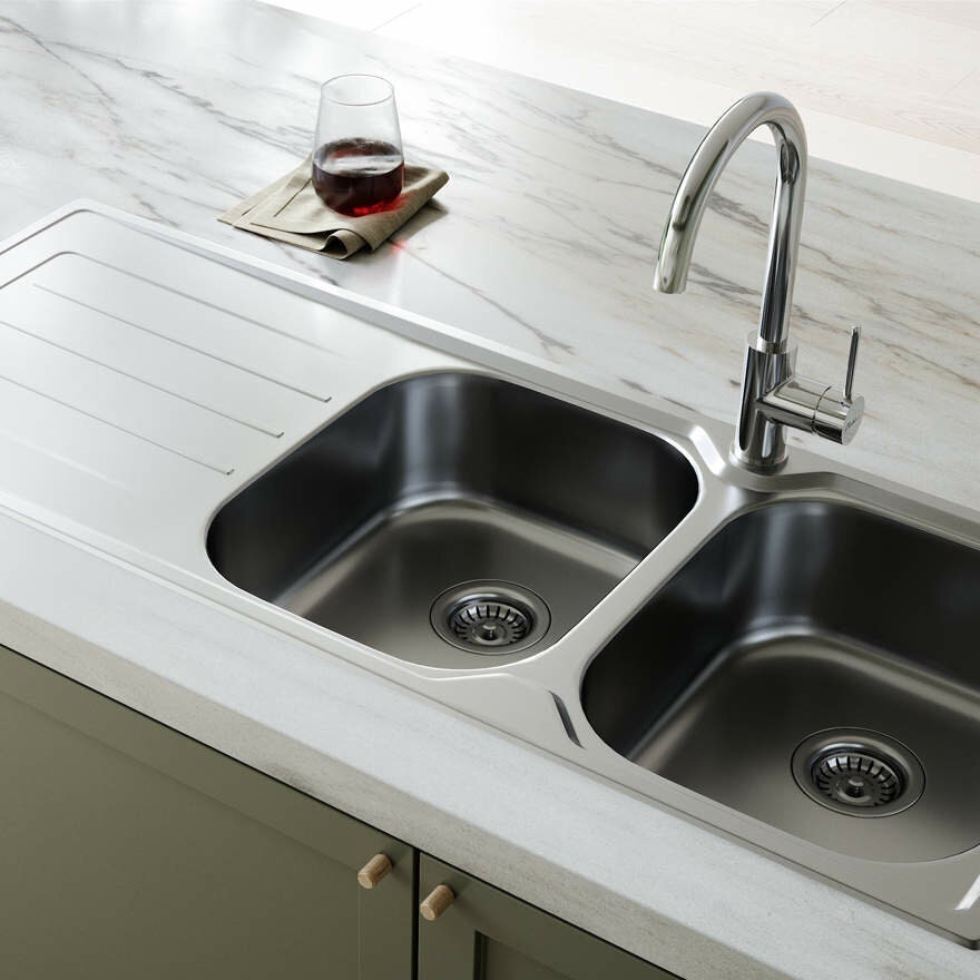 Oliveri Flinders Double Bowl Topmount Sink - Left Hand Drainer, 1200mm Wide, Stainless Steel - FL172