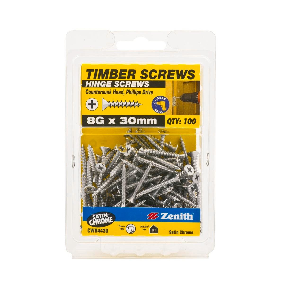 Zenith 8G x 30mm Satin Chrome Countersunk Hinge Timber Screws - 100 Pack
