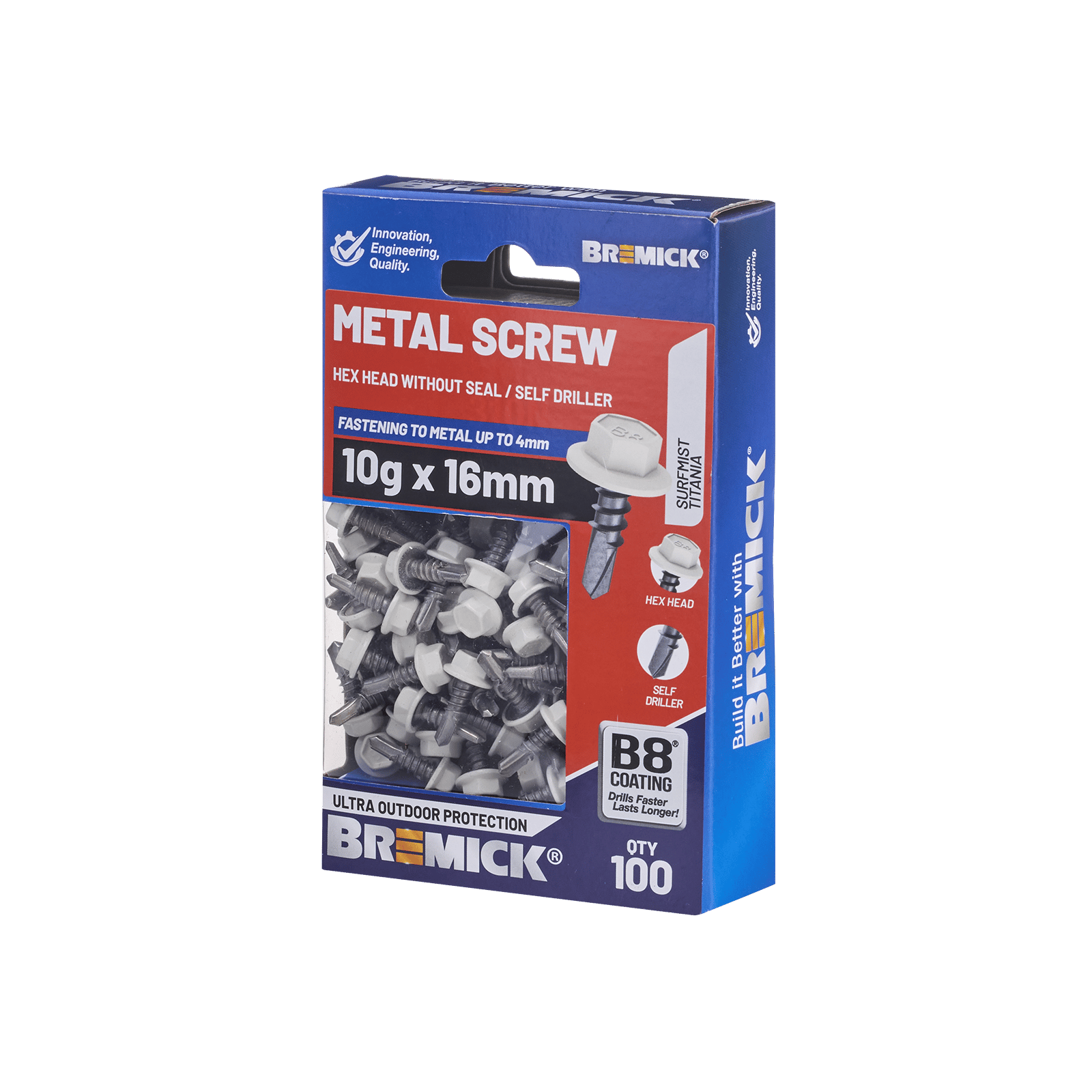 Bremick 10G x 16mm Metal Hex Screw, Surfmist B8 Drill Point Fine Thread - 100 Pack