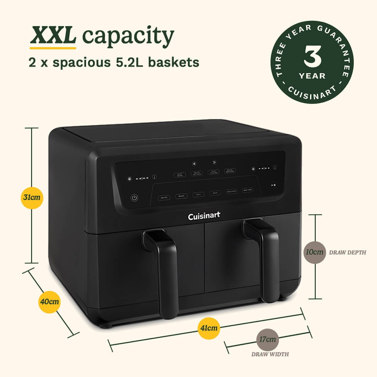 Cuisinart Dual Basket Air Fryer 10.4L - Black - Sync Cooking, 6 Cooking Functions - AFD-10OBLXA
