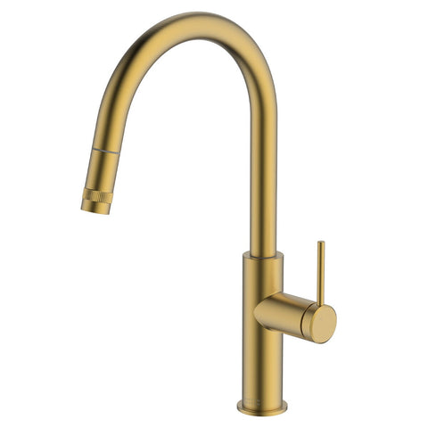 Gareth Ashton Gooseneck Pull Out Kitchen Mixer Tap - Brushed Brass, 5 Star WELS, 500kPa Rated - 6K1-BB