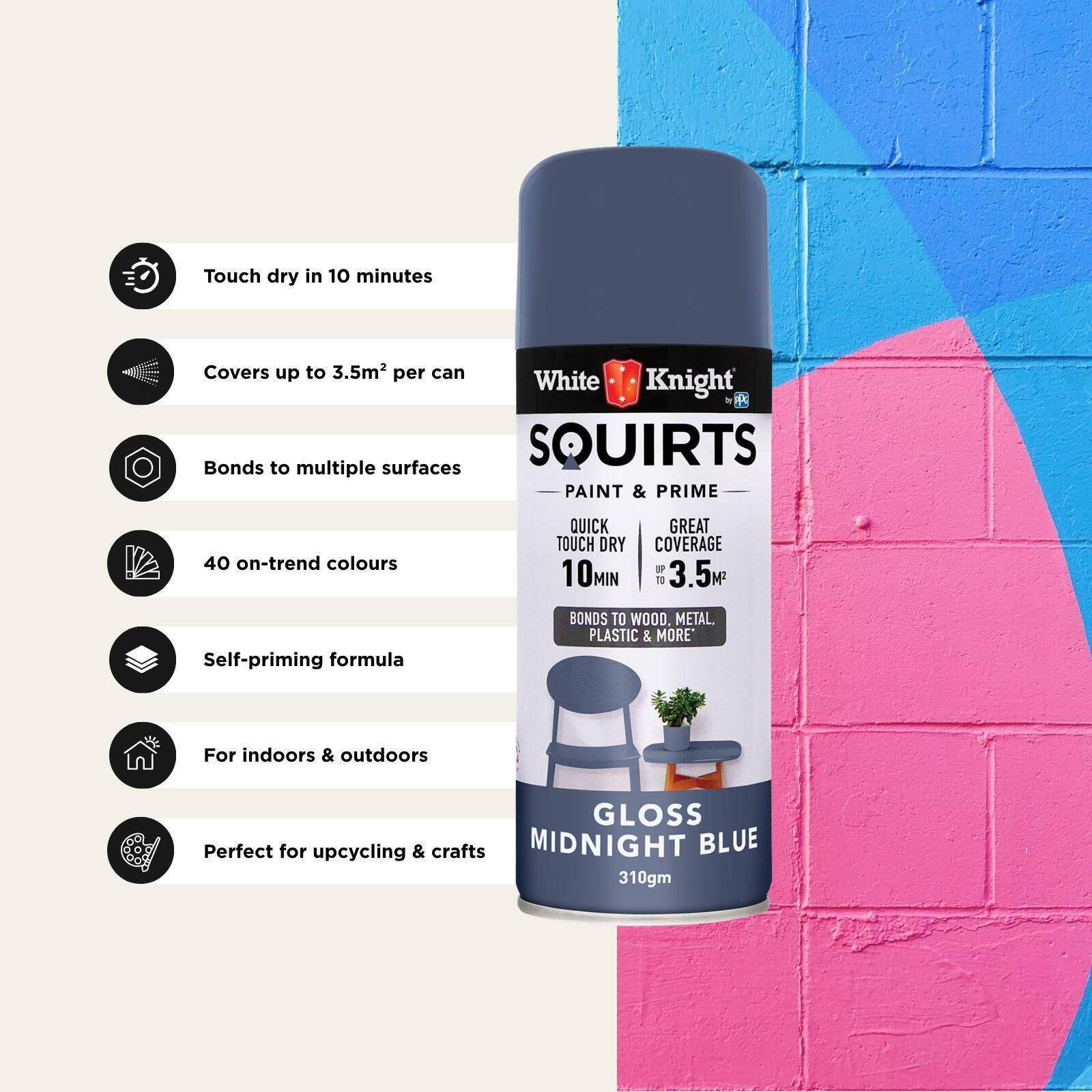 White Knight Squirts Midnight Blue Gloss Spray Paint 310g - Solvent-Based, Waterproof
