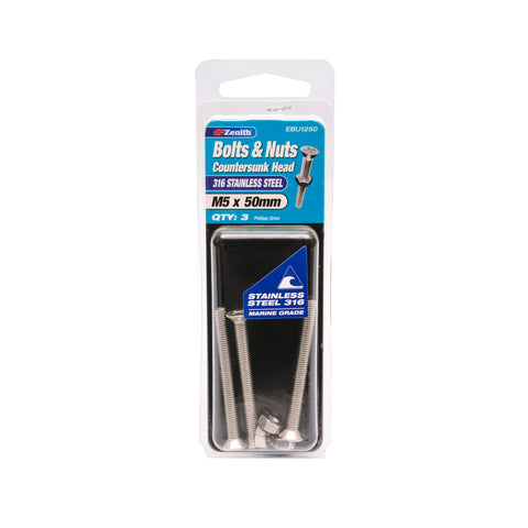 Zenith M5 x 50mm 316 Stainless Steel Countersunk Bolt and Nut - 3 Pack