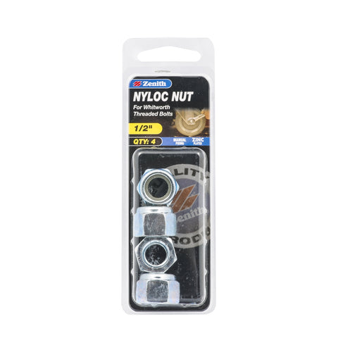 Zenith 1/2" Zinc Plated Nyloc Nuts - 4 Pack