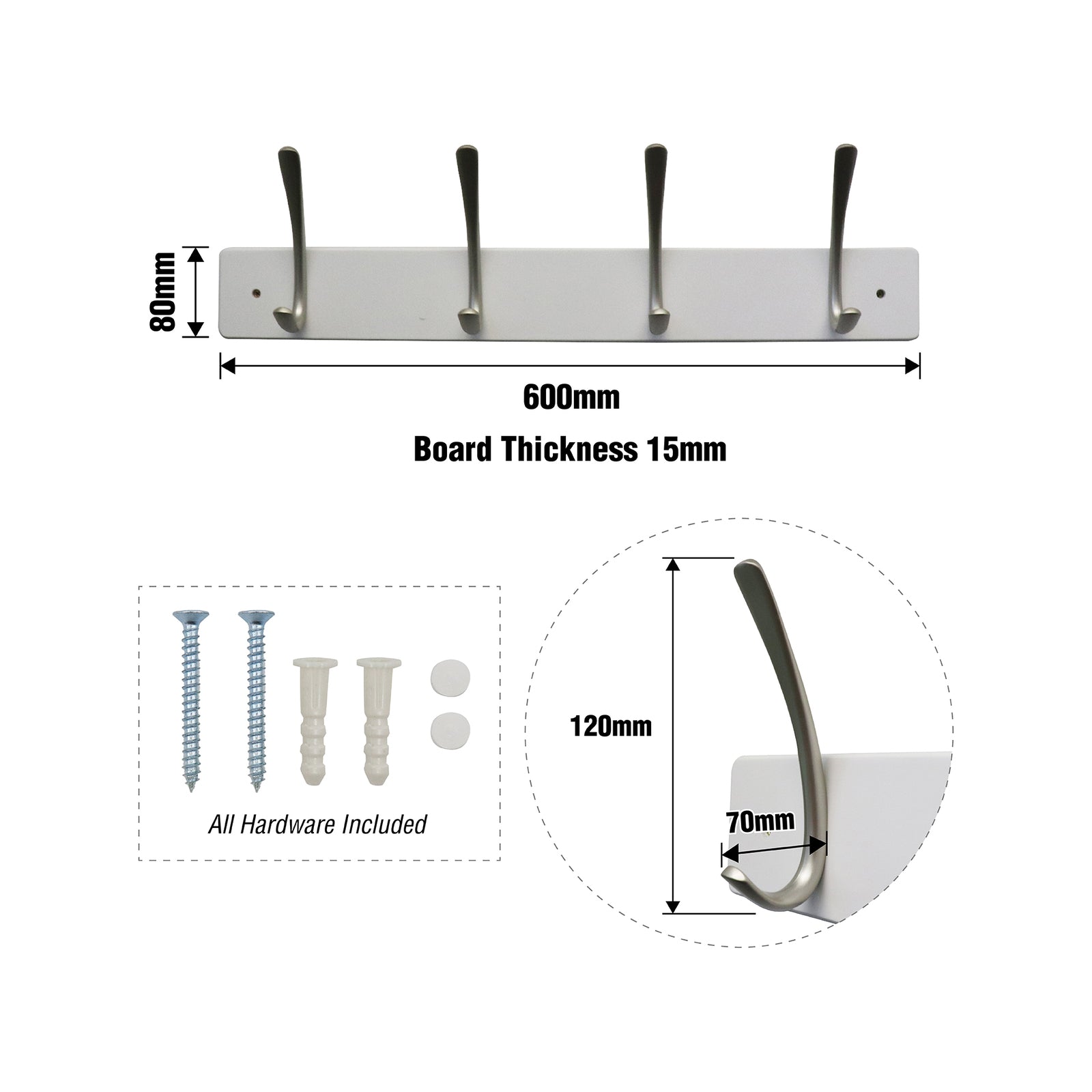 Adoored 4 Double Satin Chrome Hook White MDF Board Deco Hook Rack