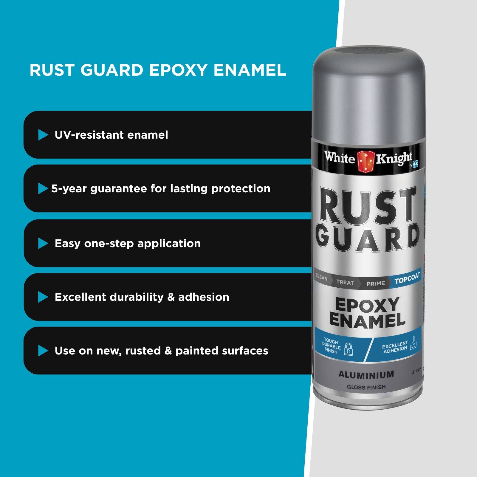 White Knight Rust Guard Epoxy Enamel Spray Paint 310g - Aluminium Gloss, Solvent Based Metal Finish