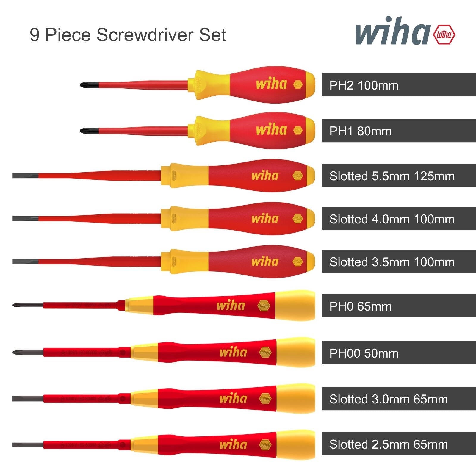 Wiha 9 Piece Insulated VDE Screwdriver Set Slotted and Phillips Red/Yellow