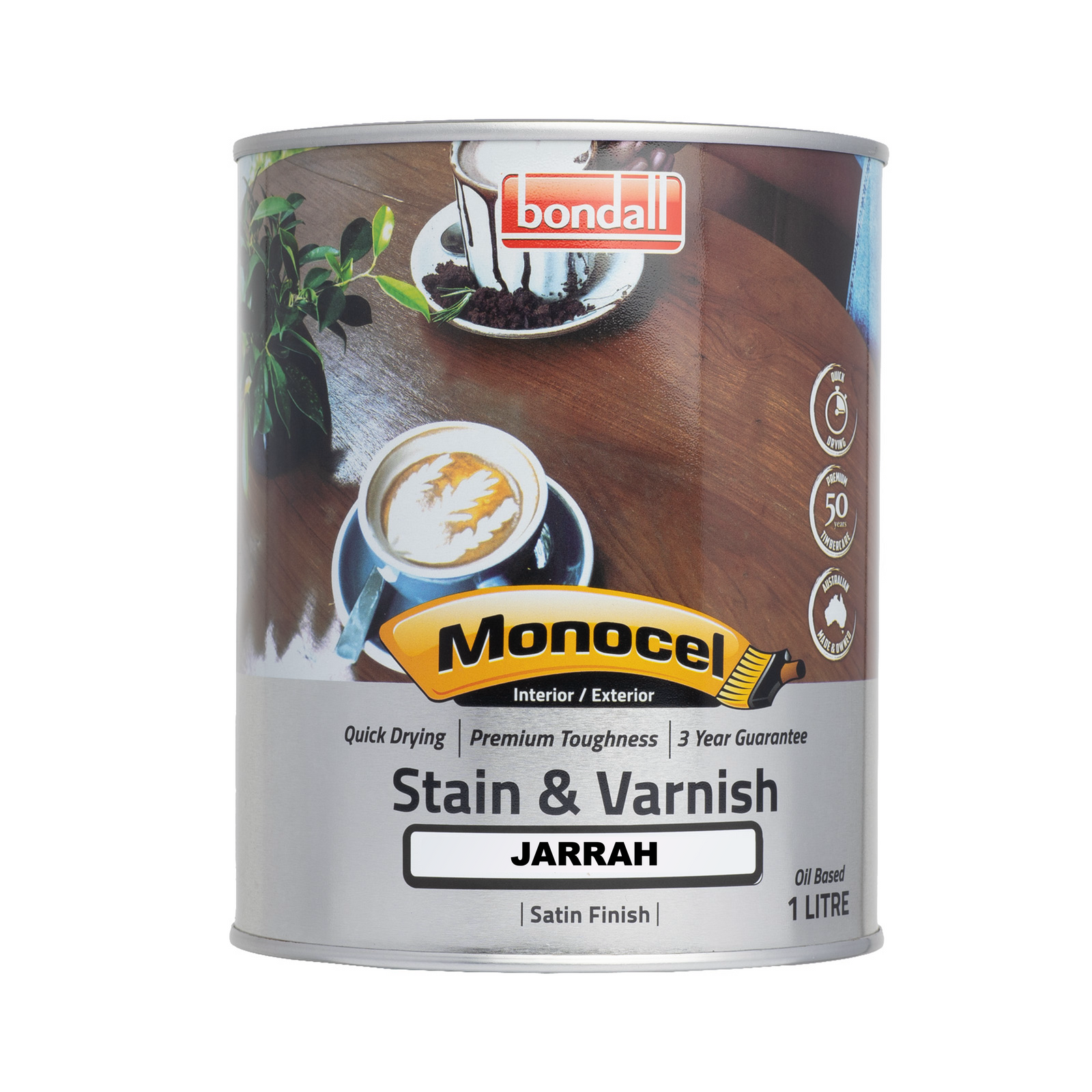 Bondall Monocel 1L Jarrah Stain & Varnish, Polyurethane, UV Resistant Combined Timber Finish