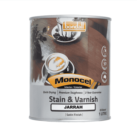 Bondall Monocel 1L Jarrah Stain & Varnish, Polyurethane, UV Resistant Combined Timber Finish