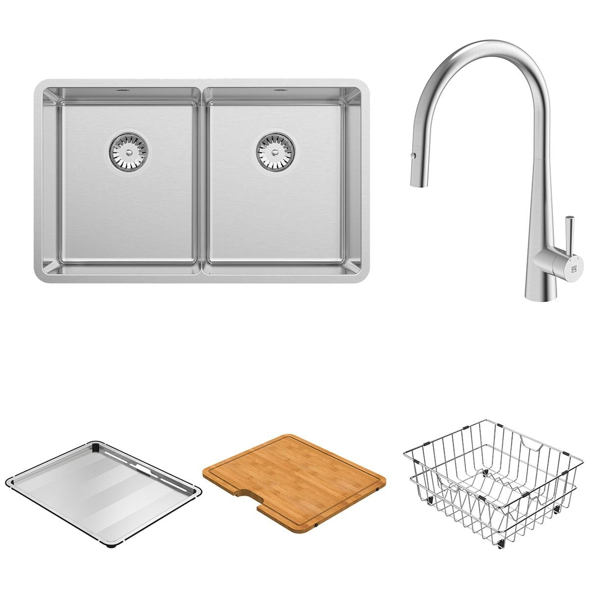 Abey Lucia double bowl 304 stainless steel sink pack with pull out mixer tap and cutting board - LUA200TPK