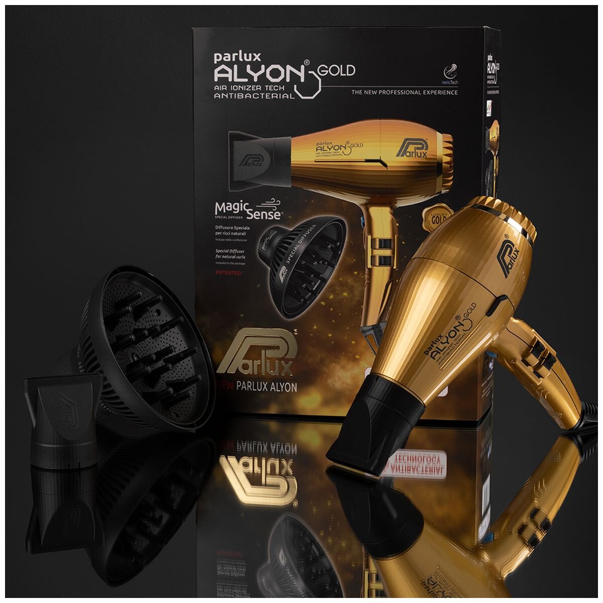 Parlux Alyon Air Ionizer Hair Dryer 2250W - Gold - MagicSense Diffuser Pack for Curls - 150134