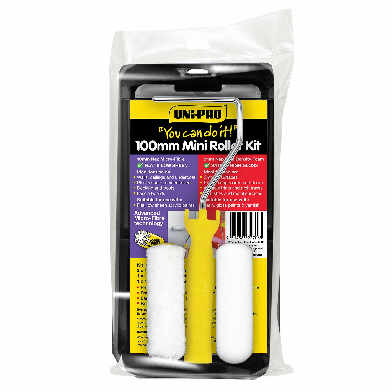 Uni-Pro 100mm Mini Roller Kit 9mm Nap, Gloss and Low Sheen, 4 Piece