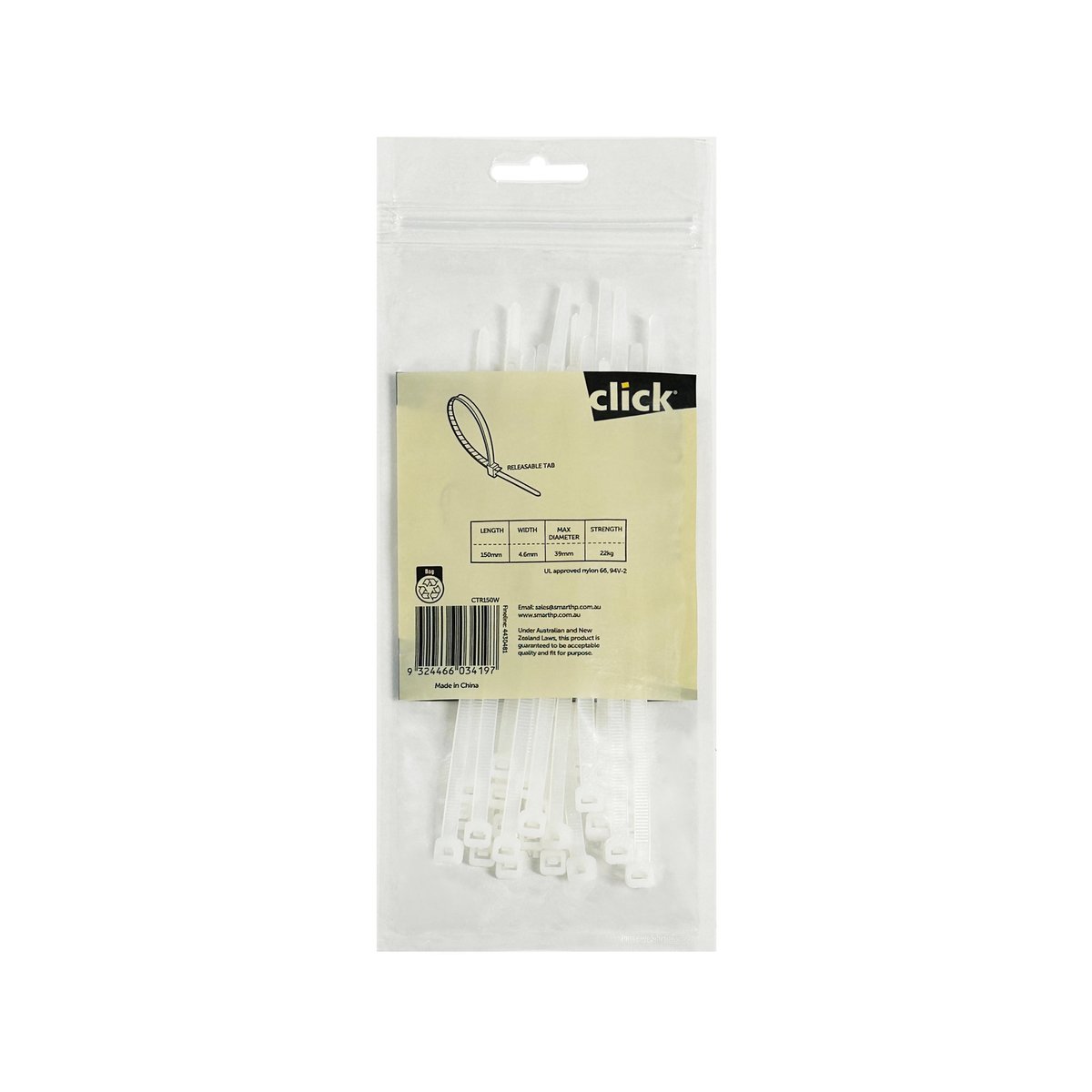 Click Releasable Cable Tie - 150mm - UL Approved Nylon - 25 Pack - SuperSaverAU - view 2
