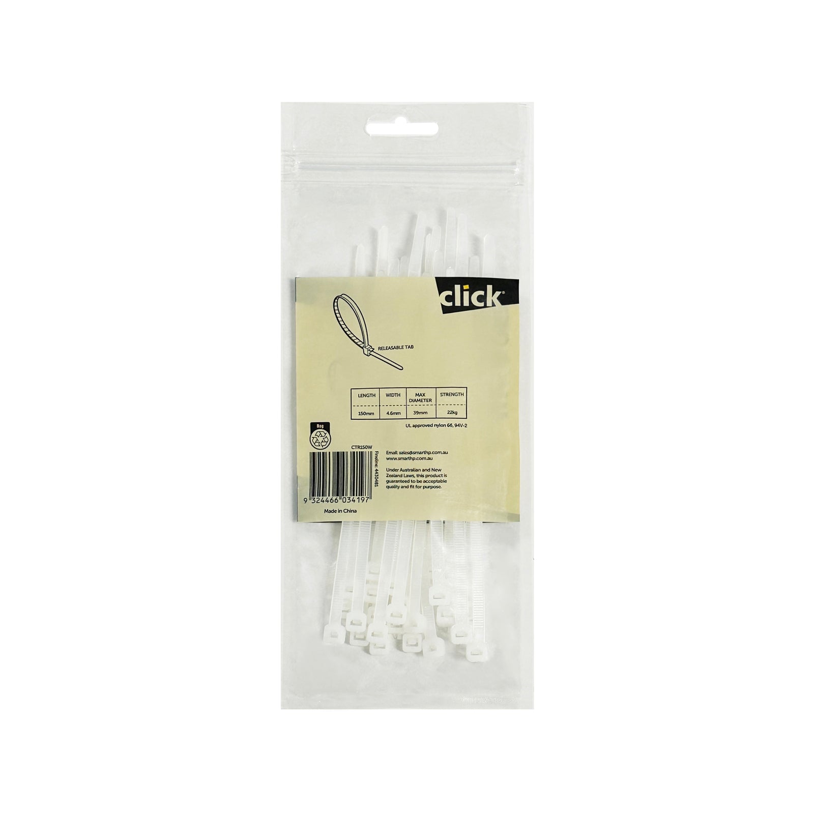 Click 150mm White Releasable Nylon Cable Tie UV Resistant 25 Pack CTR150W