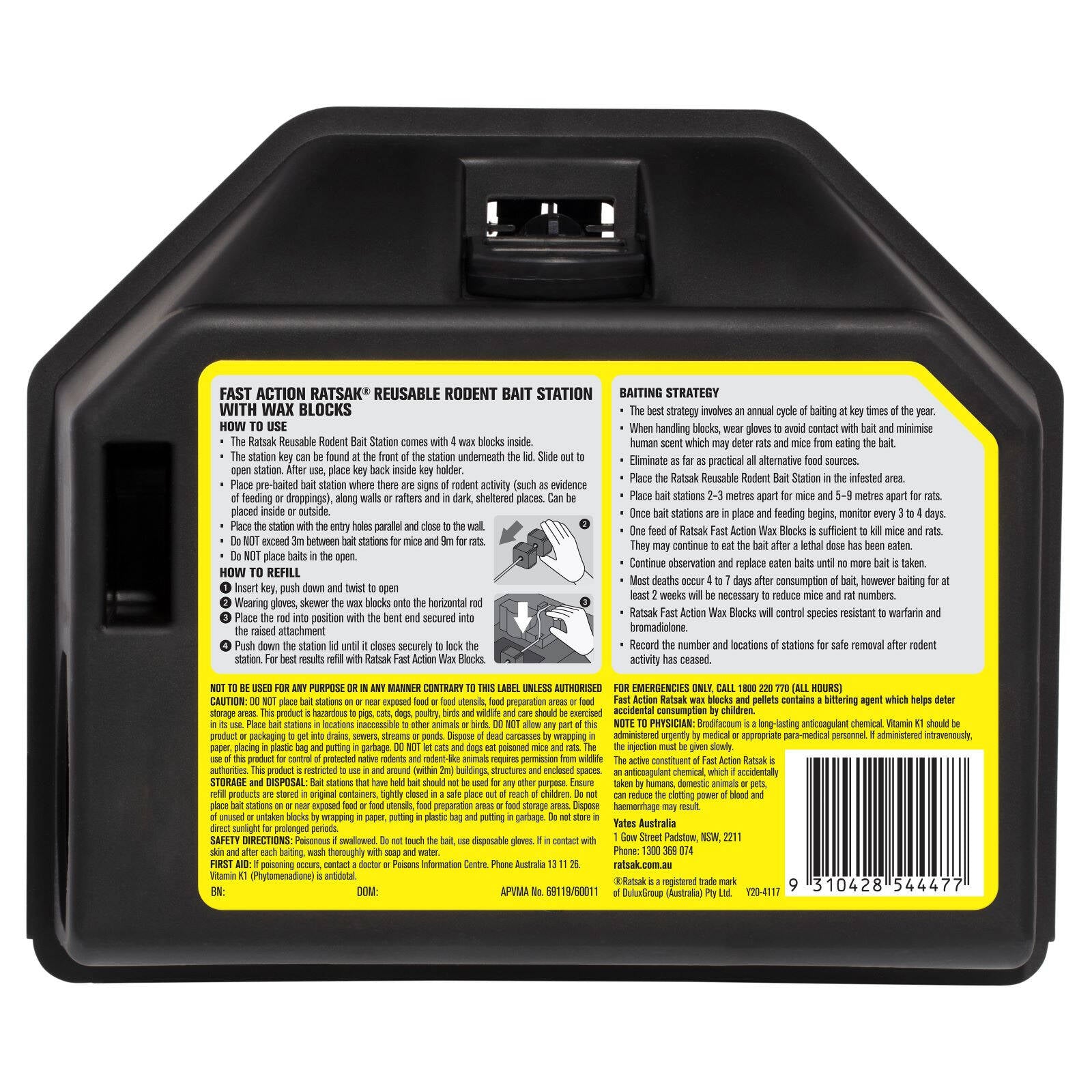 RATSAK Fast Action Reusable Rodent Bait Station with 4 Wax Blocks, Lockable, Indoor & Outdoor