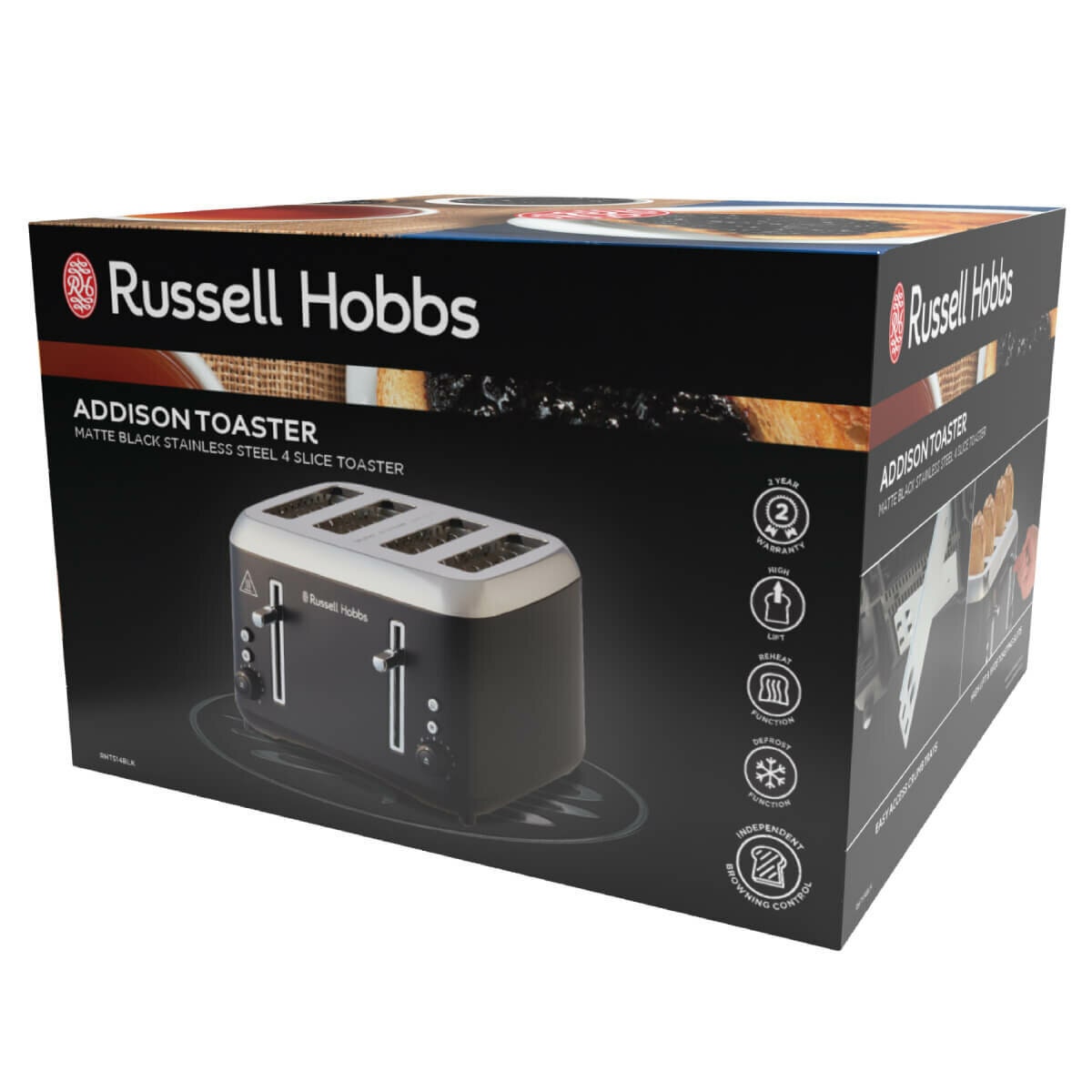 Russell Hobbs Addison 4 Slice Toaster - Matte Black, Dual Browning Controls, High Lift - RHT514BLK