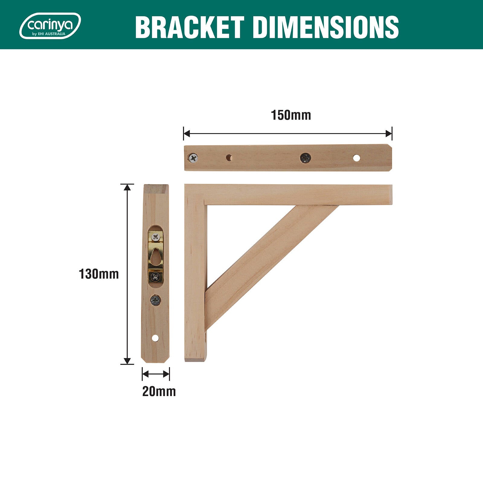 Carinya 150 x 130mm Raw Pine Stayed Bracket Wall Mount 35kg Capacity Indoor