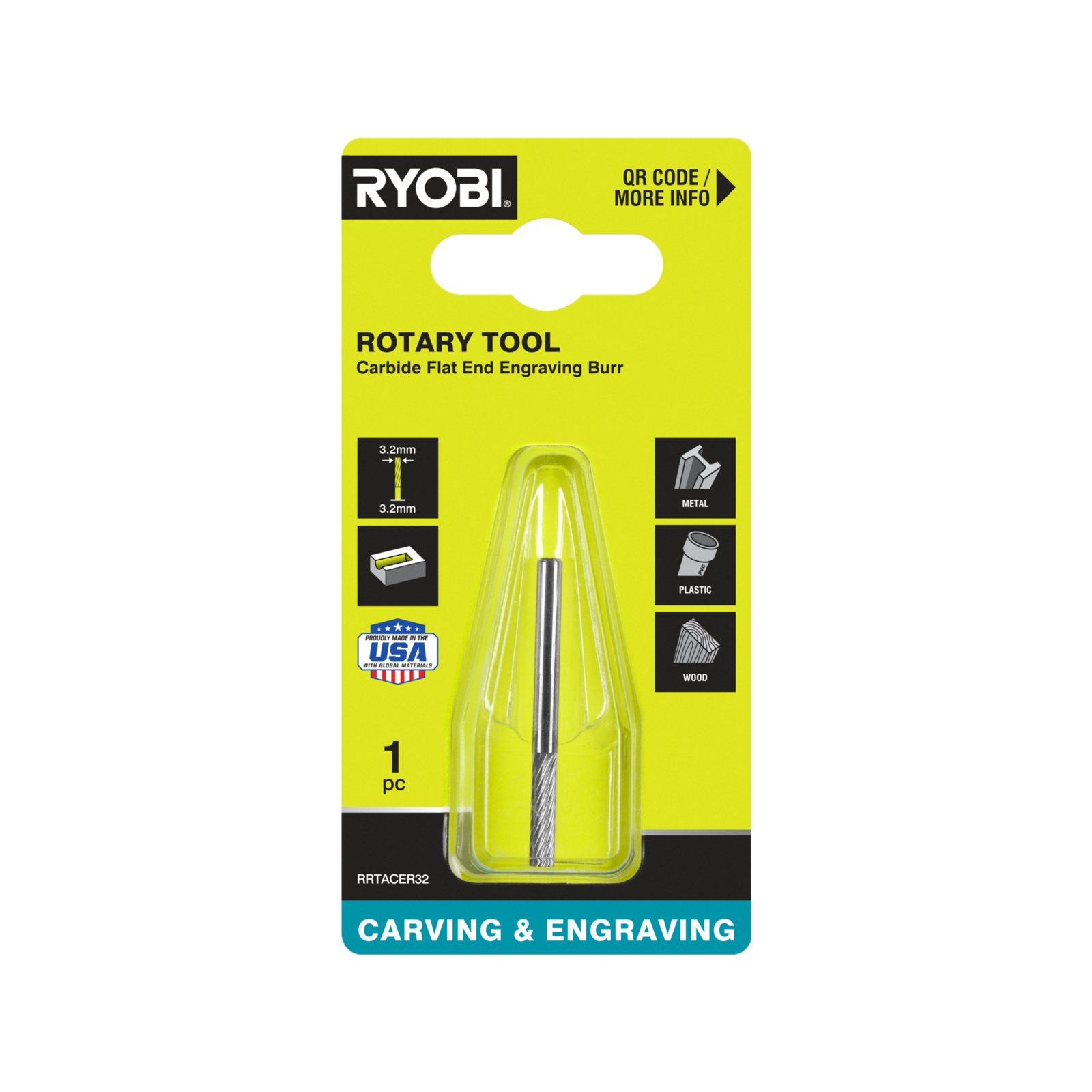 Ryobi 3.2mm Rectangle Carbide Burr for Rotary Tools - Engraving and Carving