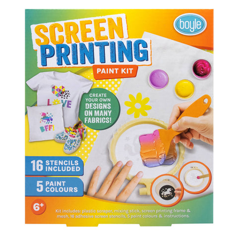 Boyle DIY Screen Printing Paint Kit with 5 Colours, Frame, Scraper & 16 Stencils