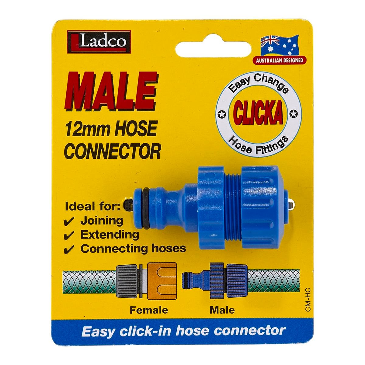 Ladco 12mm Click-In Male Hose Connector - Blue