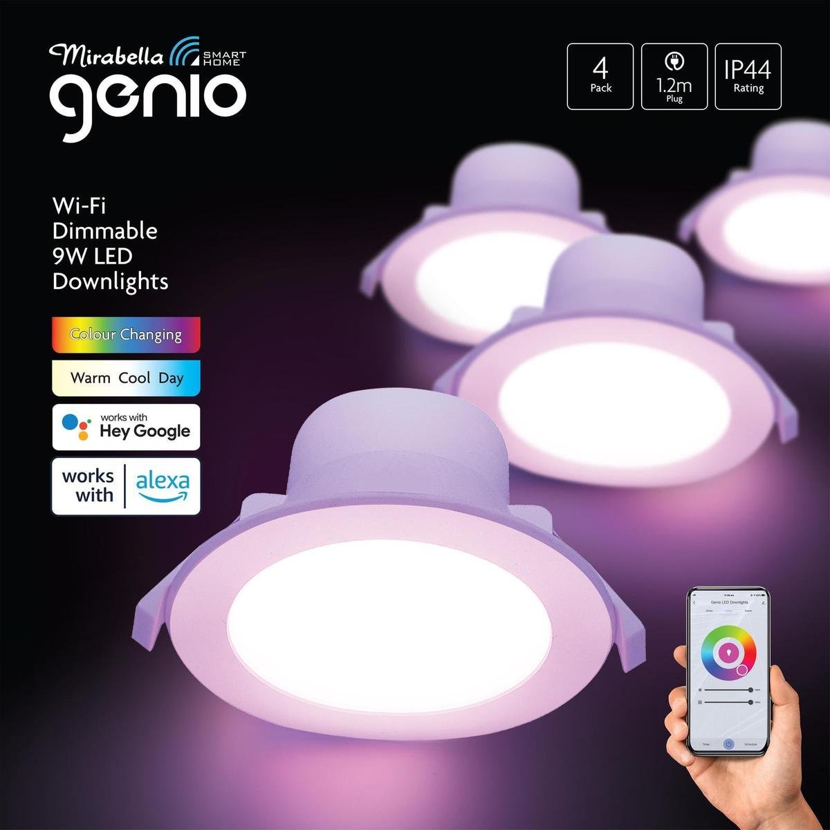 Mirabella Genio 9W 750lm RGBW IP44 1.2m Flex Smart Wi-Fi Dimmable Downlight - 4 Pack I004544
