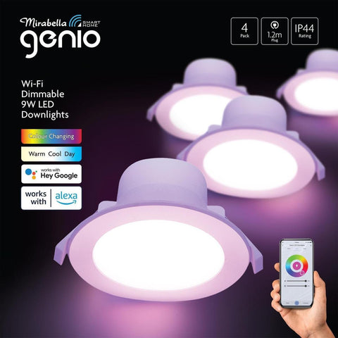 Mirabella Genio 9W 750lm RGBW IP44 1.2m Flex Smart Wi-Fi Dimmable Downlight - 4 Pack I004544