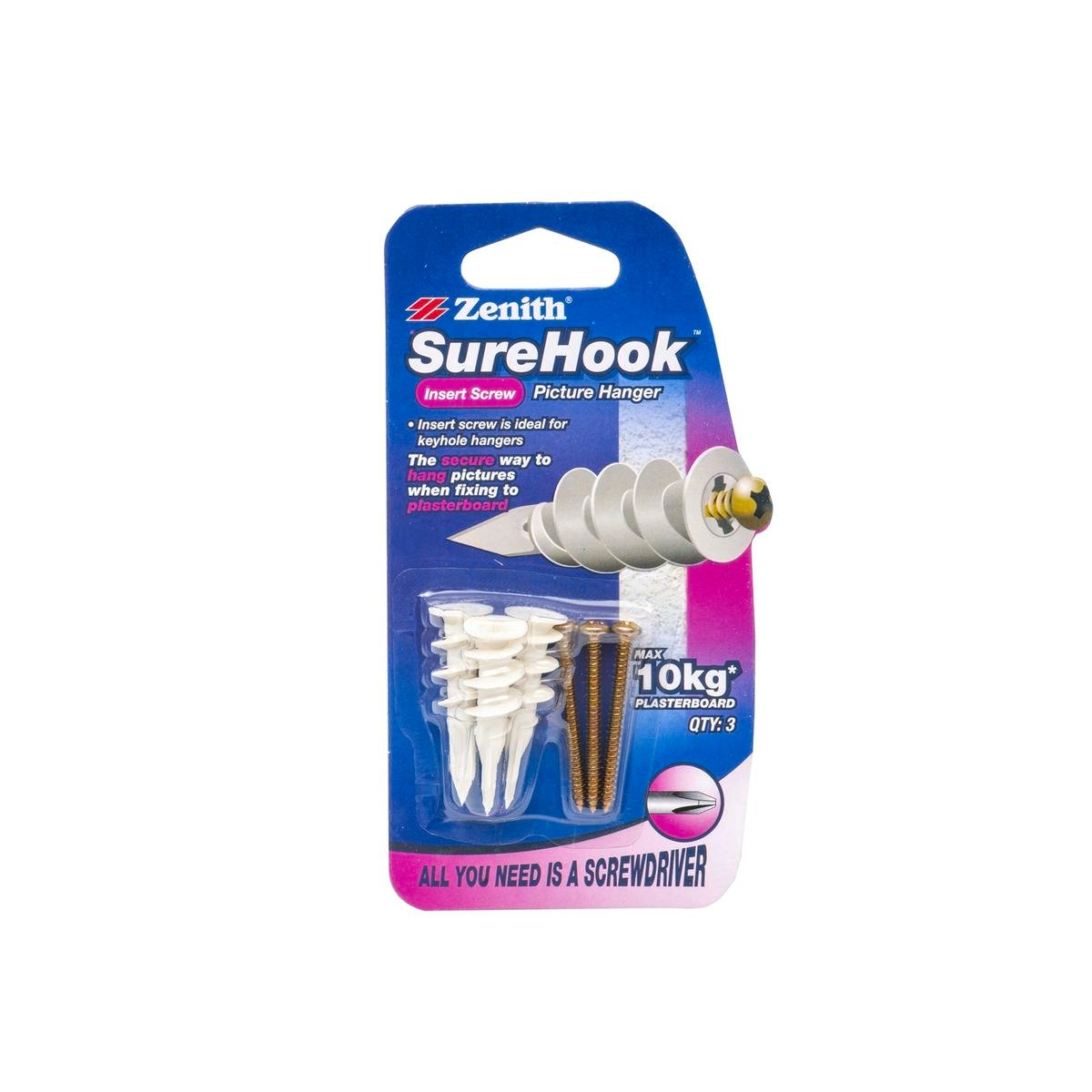 Zenith SureHook Plasterboard Picture Hanger 10kg Zinc Plated - 3 Pack