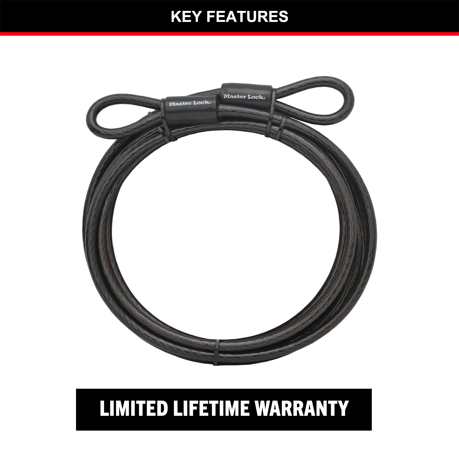 Master Lock 10mm x 4.6m Loop-Ended Braided Steel Cable, Vinyl-Coated, Black